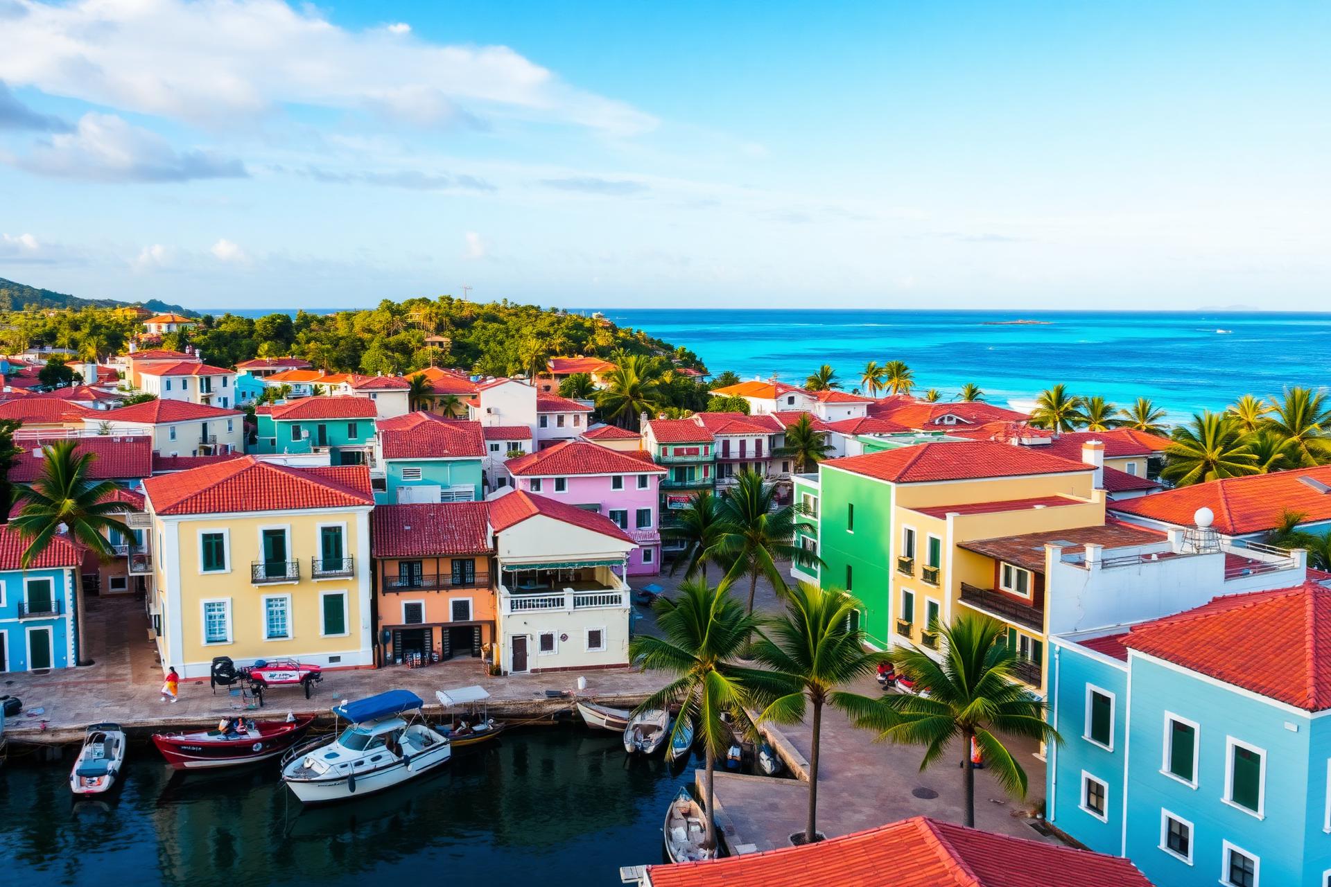 Aerial view of a Caribbean harbor town